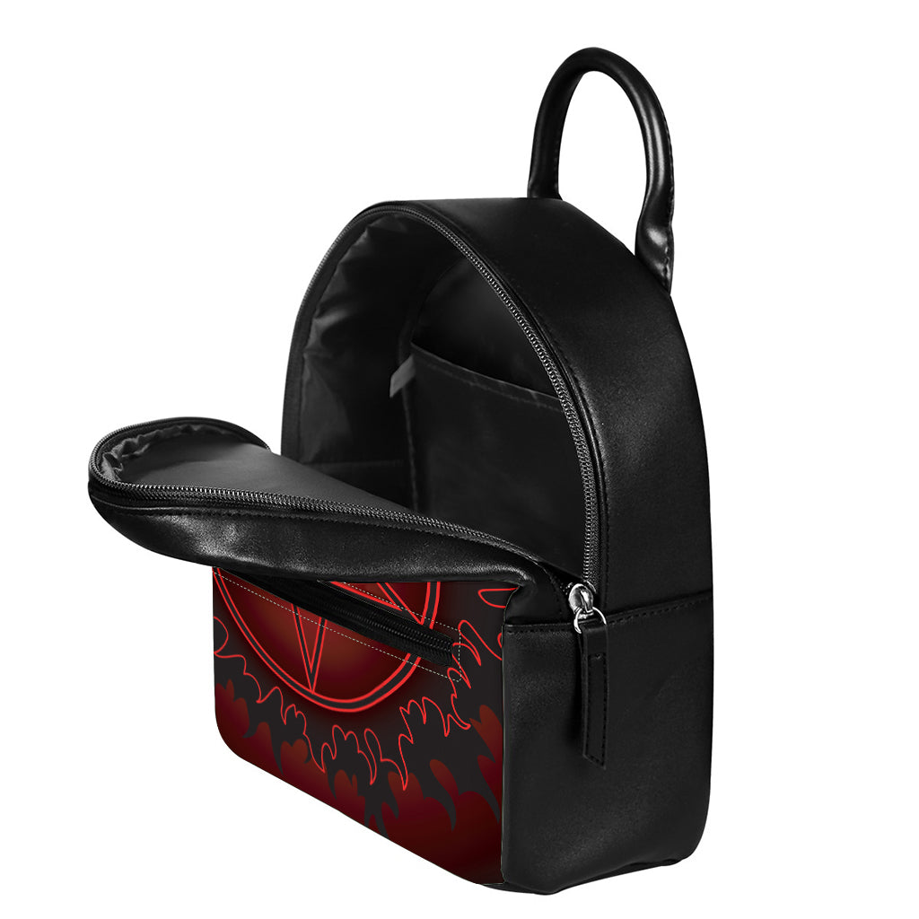 Black And Red Satanic Pentagram Print Leather Backpack