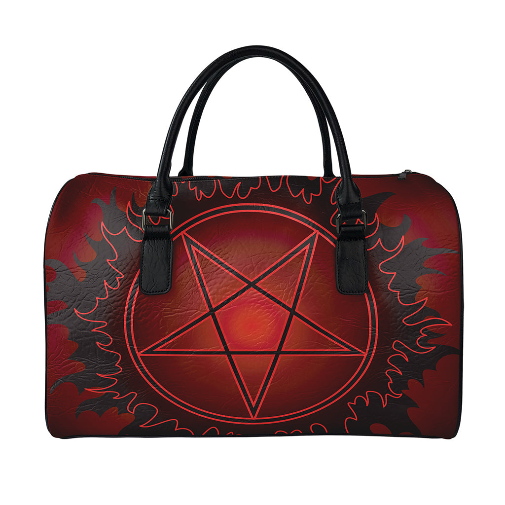 Black And Red Satanic Pentagram Print Leather Duffle Bag
