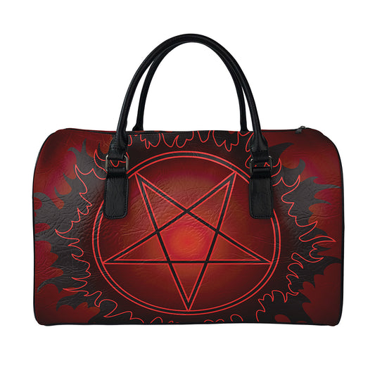 Black And Red Satanic Pentagram Print Leather Duffle Bag