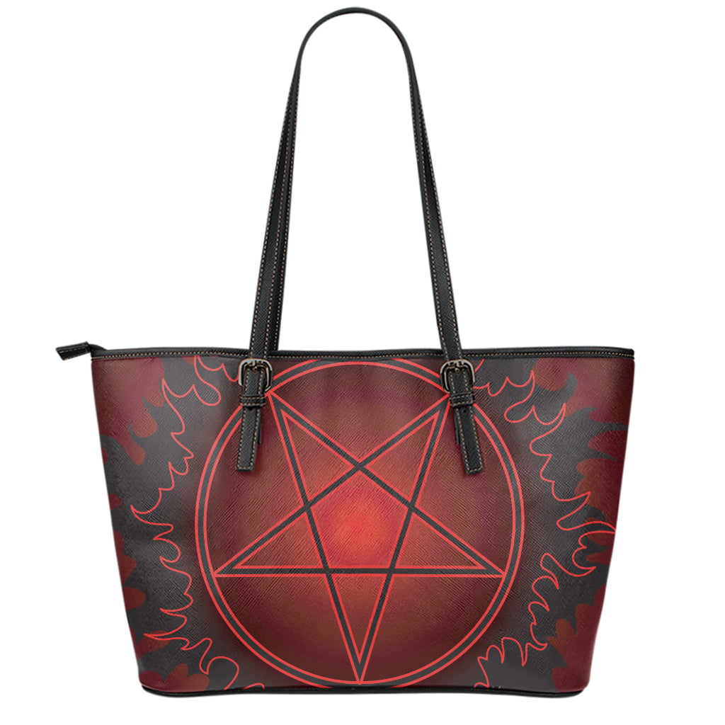 Black And Red Satanic Pentagram Print Leather Tote Bag
