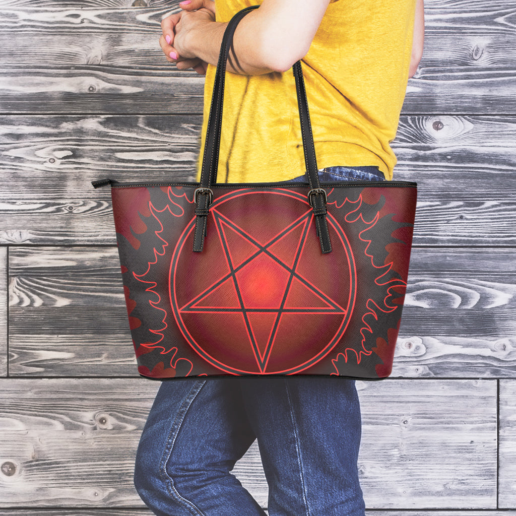 Black And Red Satanic Pentagram Print Leather Tote Bag