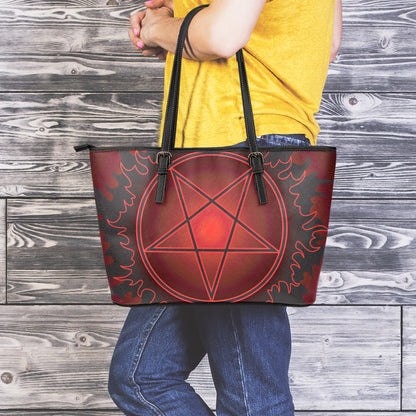 Black And Red Satanic Pentagram Print Leather Tote Bag