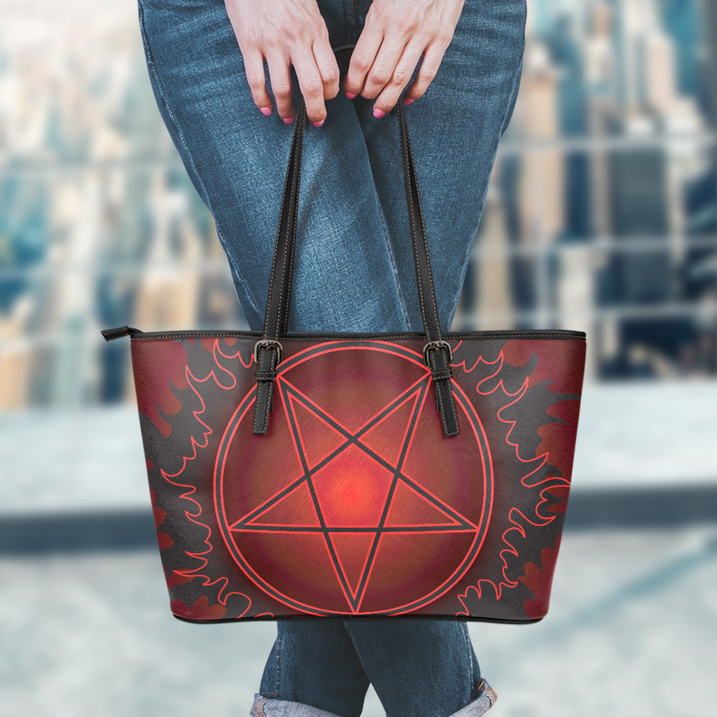 Black And Red Satanic Pentagram Print Leather Tote Bag