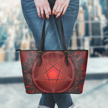 Black And Red Satanic Pentagram Print Leather Tote Bag