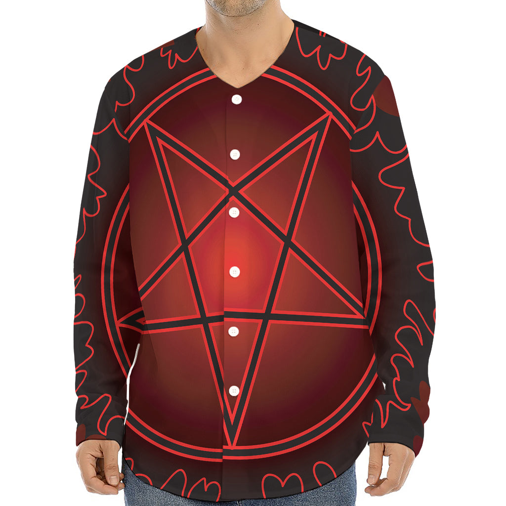 Black And Red Satanic Pentagram Print Long Sleeve Baseball Jersey