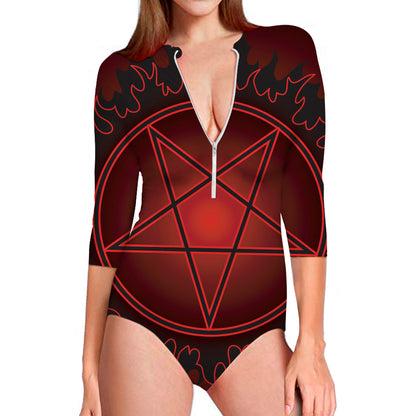 Black And Red Satanic Pentagram Print Long Sleeve Swimsuit