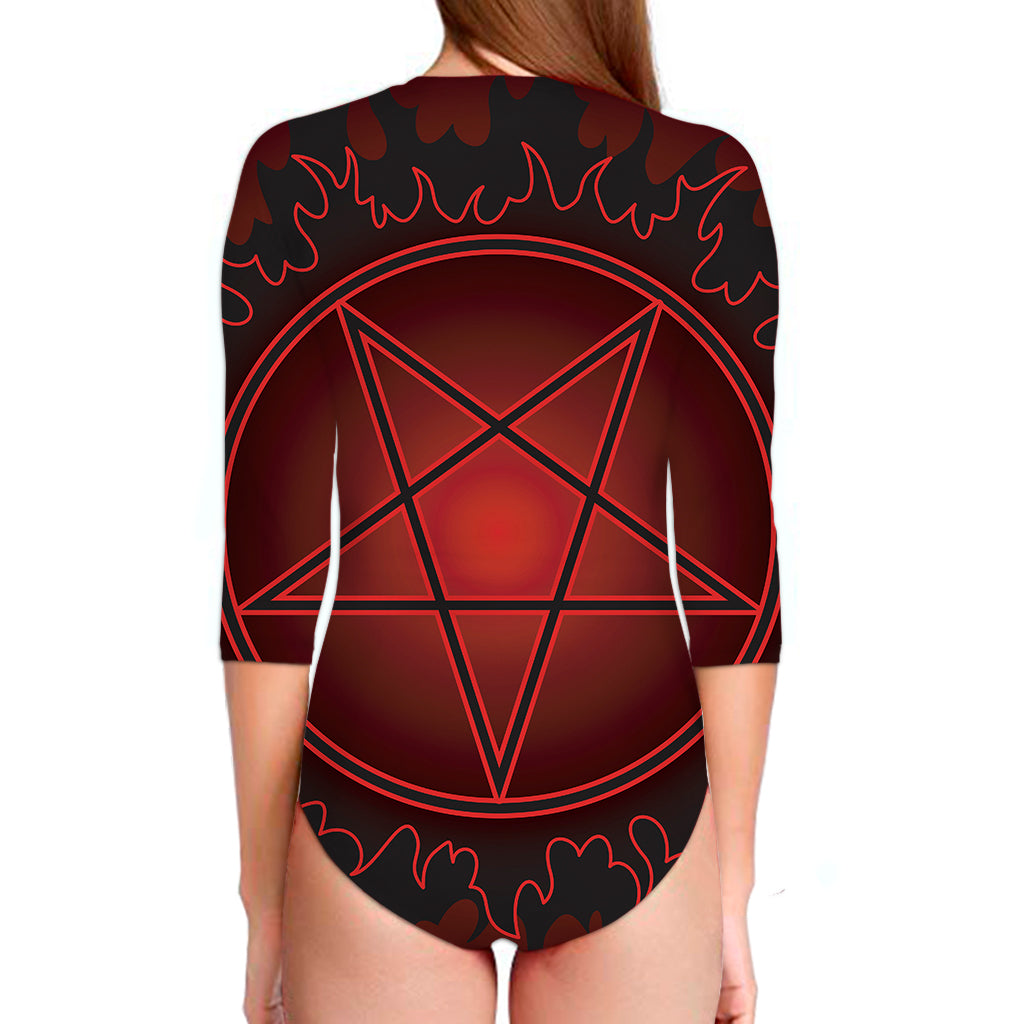 Black And Red Satanic Pentagram Print Long Sleeve Swimsuit