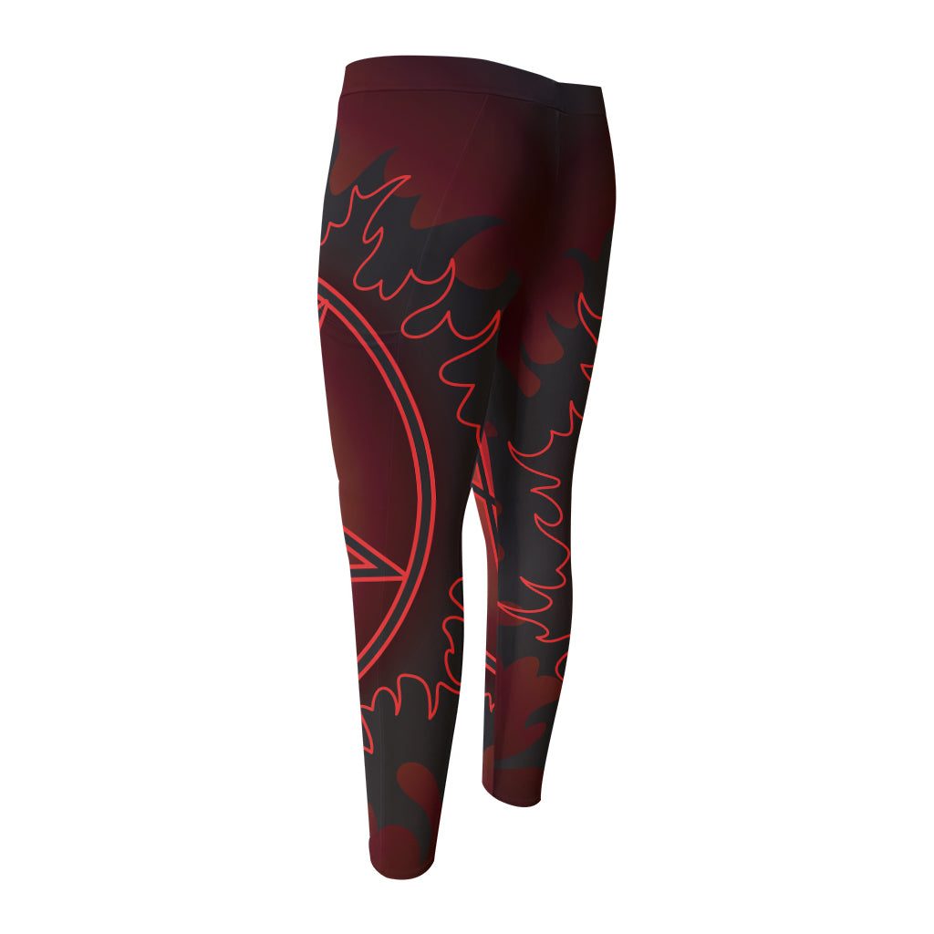 Black And Red Satanic Pentagram Print Men's Compression Pants