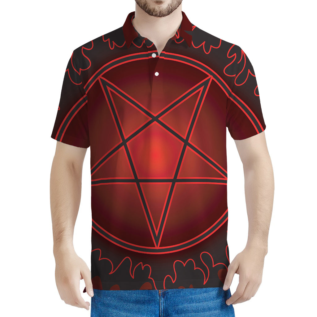 Black And Red Satanic Pentagram Print Men's Polo Shirt