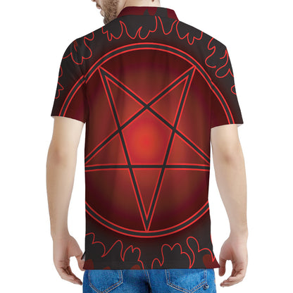 Black And Red Satanic Pentagram Print Men's Polo Shirt