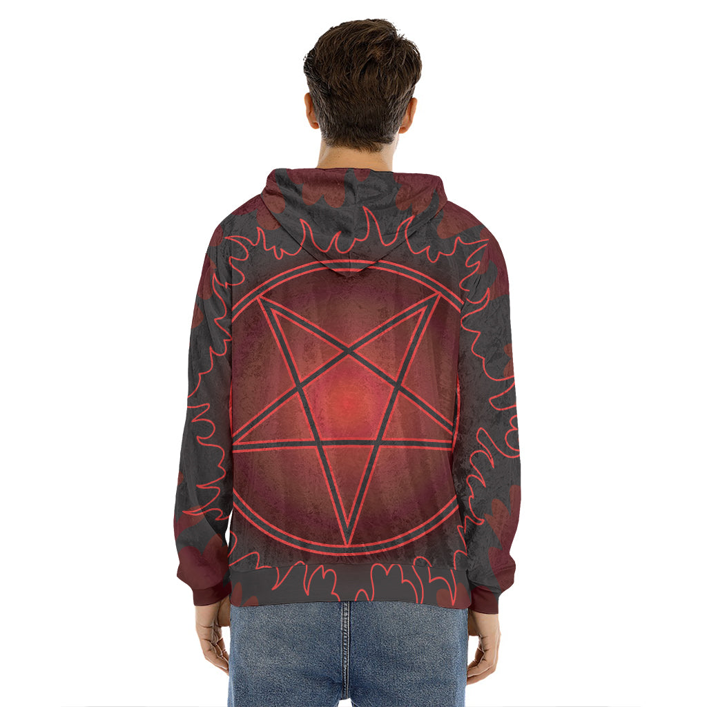 Black And Red Satanic Pentagram Print Men's Velvet Pullover Hoodie