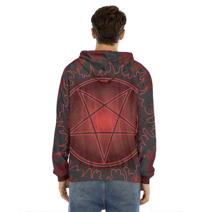 Black And Red Satanic Pentagram Print Men's Velvet Pullover Hoodie
