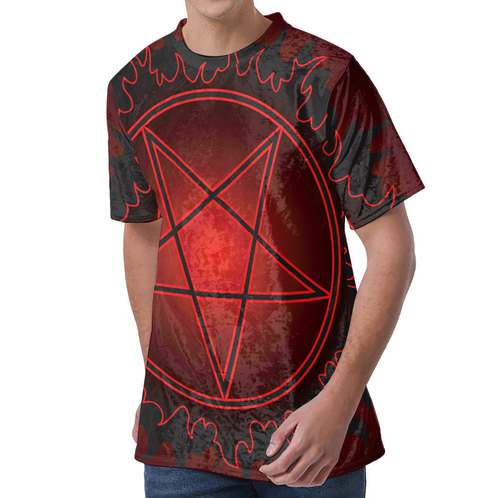 Black And Red Satanic Pentagram Print Men's Velvet T-Shirt