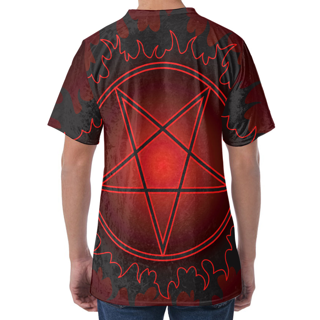 Black And Red Satanic Pentagram Print Men's Velvet T-Shirt