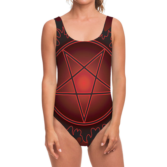 Black And Red Satanic Pentagram Print One Piece Swimsuit