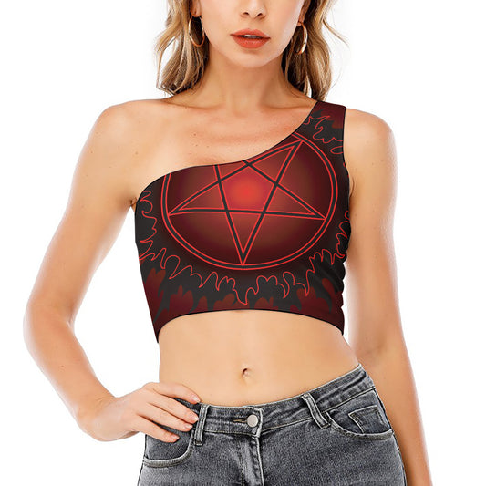 Black And Red Satanic Pentagram Print One Shoulder Crop Top
