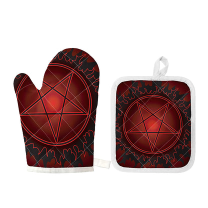 Black And Red Satanic Pentagram Print Oven Mitt And Pot Holder Set