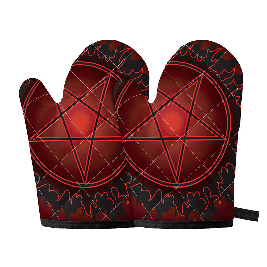 Black And Red Satanic Pentagram Print Oven Mitts