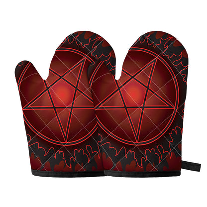 Black And Red Satanic Pentagram Print Oven Mitts