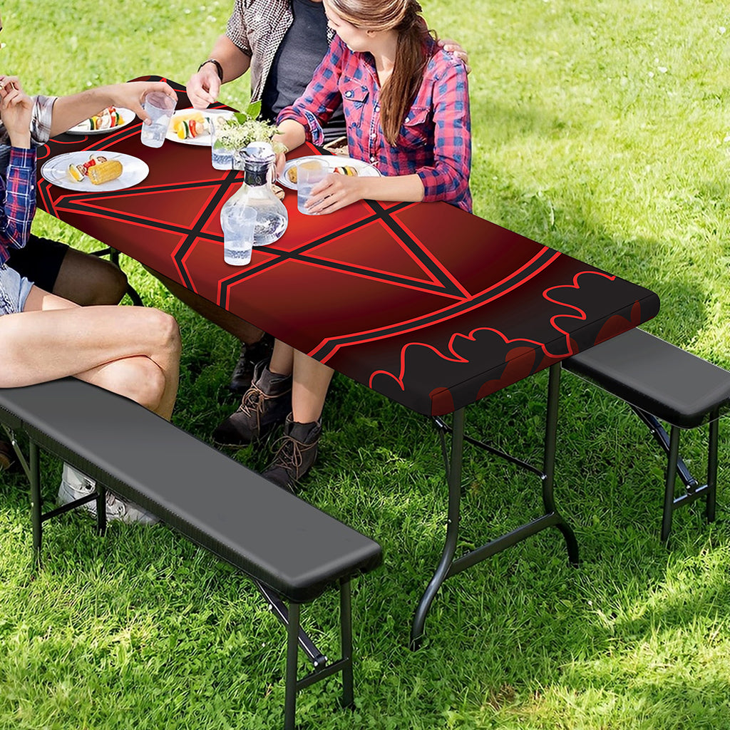Black And Red Satanic Pentagram Print Picnic Table Cover