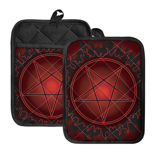 Black And Red Satanic Pentagram Print Pot Holders With Pocket