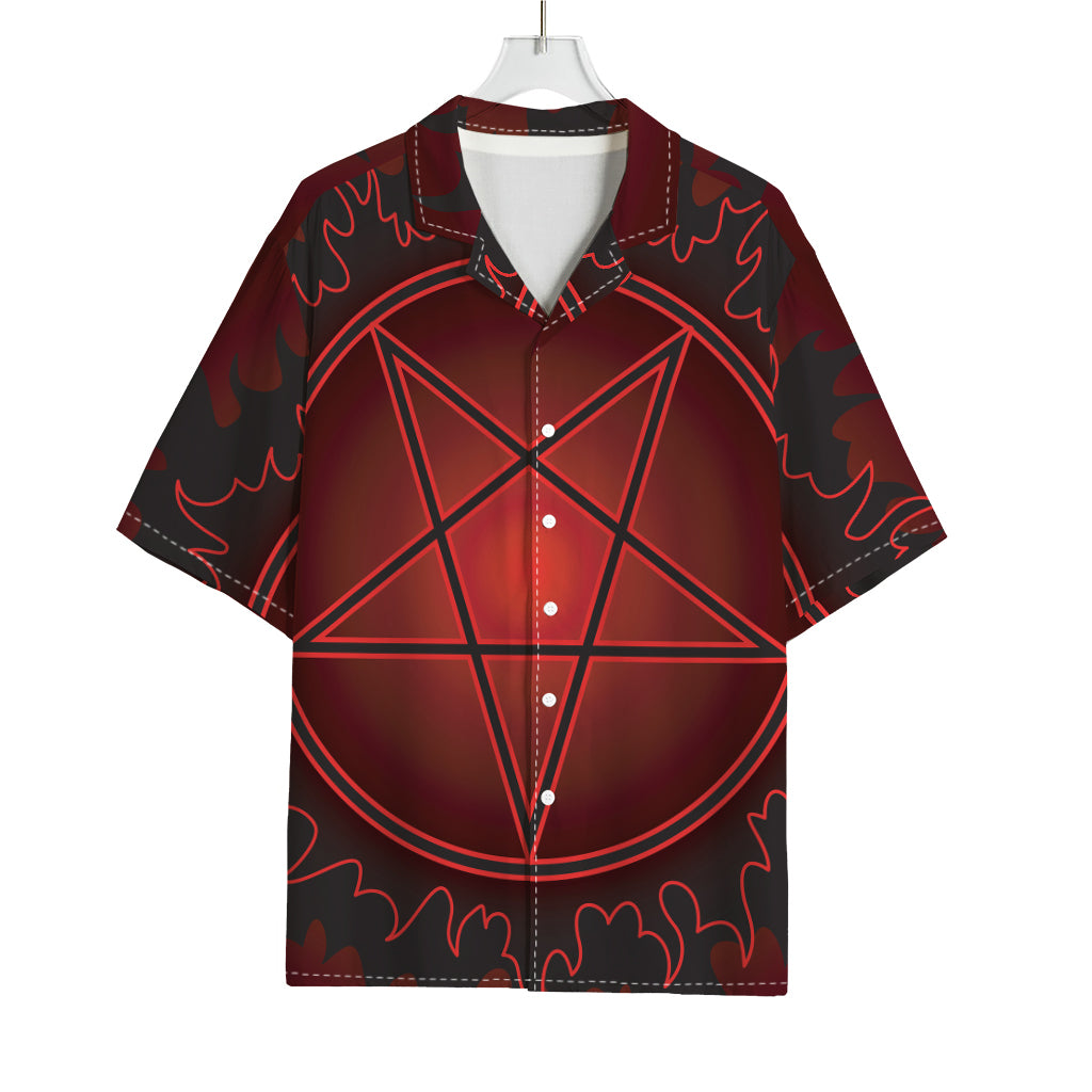 Black And Red Satanic Pentagram Print Rayon Hawaiian Shirt