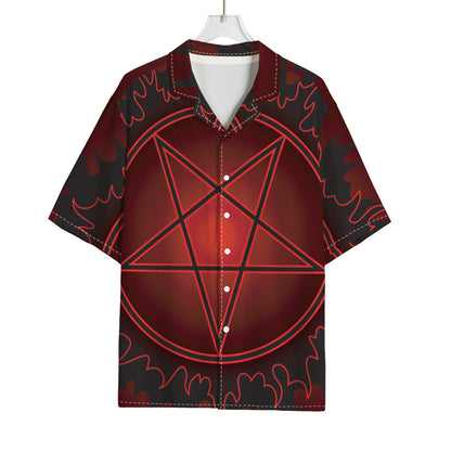 Black And Red Satanic Pentagram Print Rayon Hawaiian Shirt