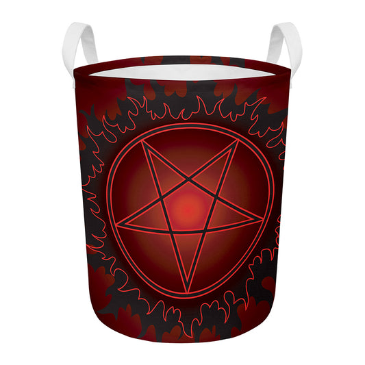 Black And Red Satanic Pentagram Print Round Laundry Basket