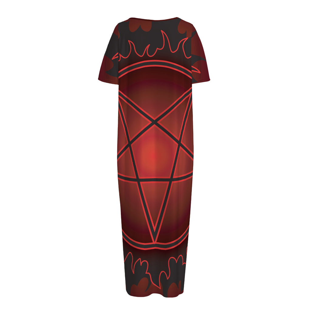 Black And Red Satanic Pentagram Print Short Sleeve Long Nightdress