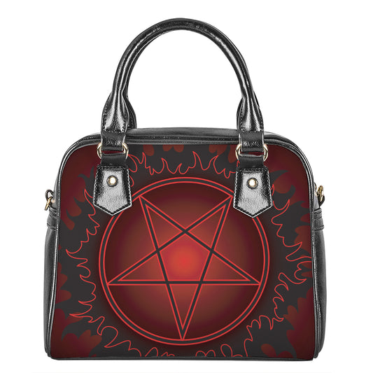 Black And Red Satanic Pentagram Print Shoulder Handbag