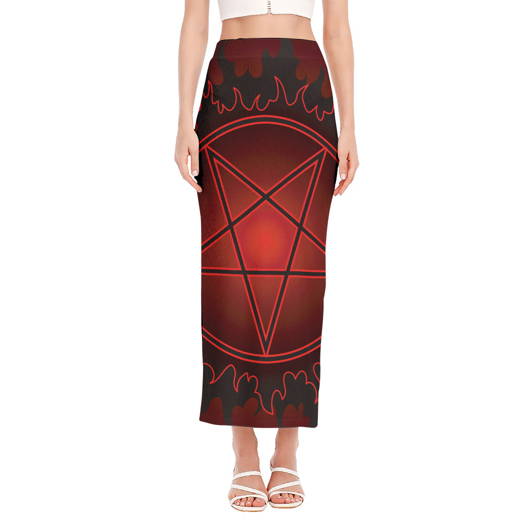 Black And Red Satanic Pentagram Print Side Slit Maxi Skirt