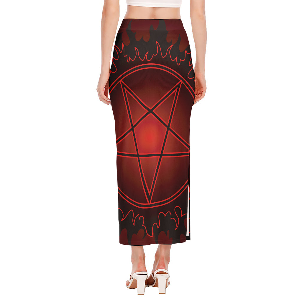 Black And Red Satanic Pentagram Print Side Slit Maxi Skirt