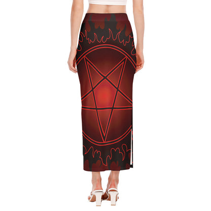 Black And Red Satanic Pentagram Print Side Slit Maxi Skirt