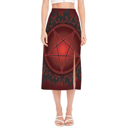 Black And Red Satanic Pentagram Print Side Slit Midi Skirt