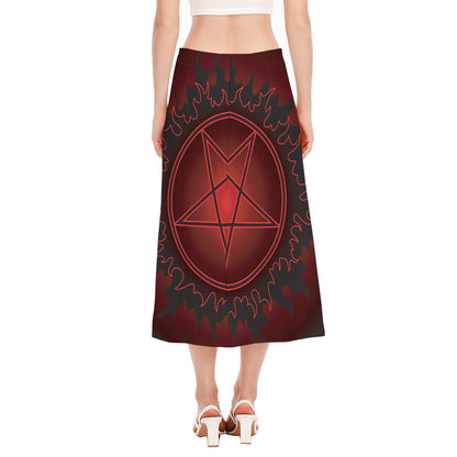 Black And Red Satanic Pentagram Print Side Slit Midi Skirt