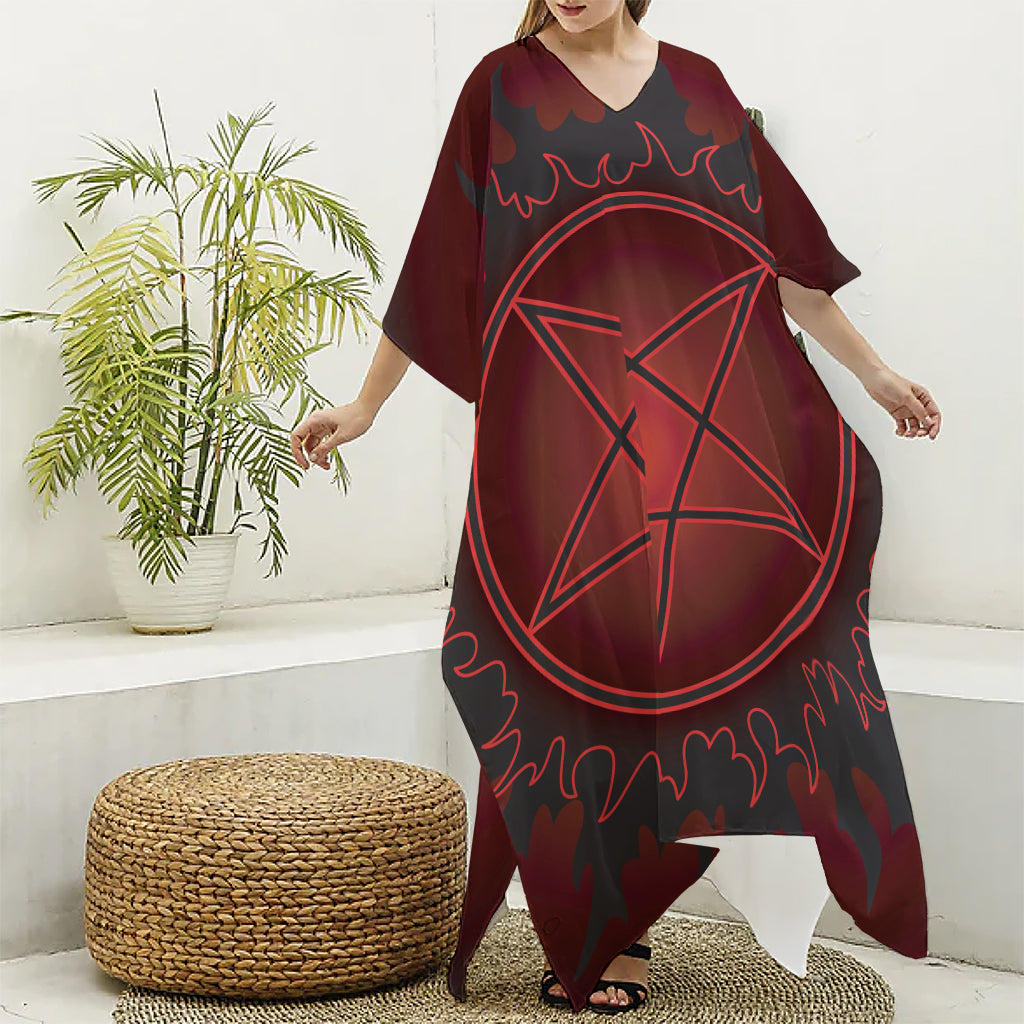 Black And Red Satanic Pentagram Print Silk V-Neck Kaftan Dress