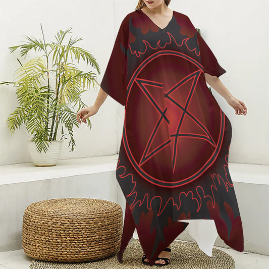 Black And Red Satanic Pentagram Print Silk V-Neck Kaftan Dress