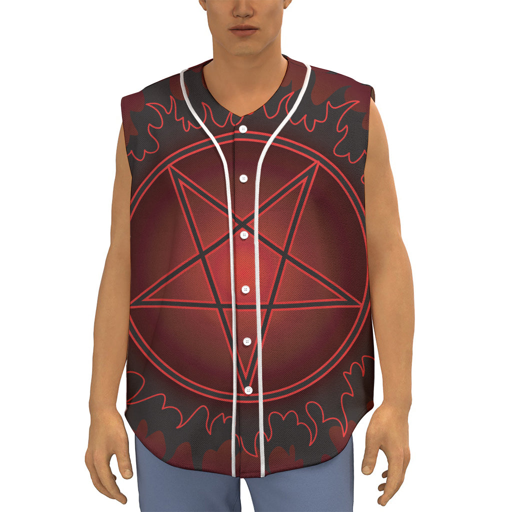 Black And Red Satanic Pentagram Print Sleeveless Baseball Jersey