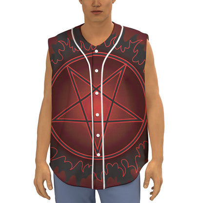 Black And Red Satanic Pentagram Print Sleeveless Baseball Jersey