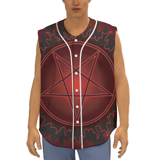 Black And Red Satanic Pentagram Print Sleeveless Baseball Jersey
