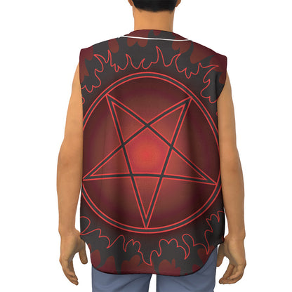 Black And Red Satanic Pentagram Print Sleeveless Baseball Jersey