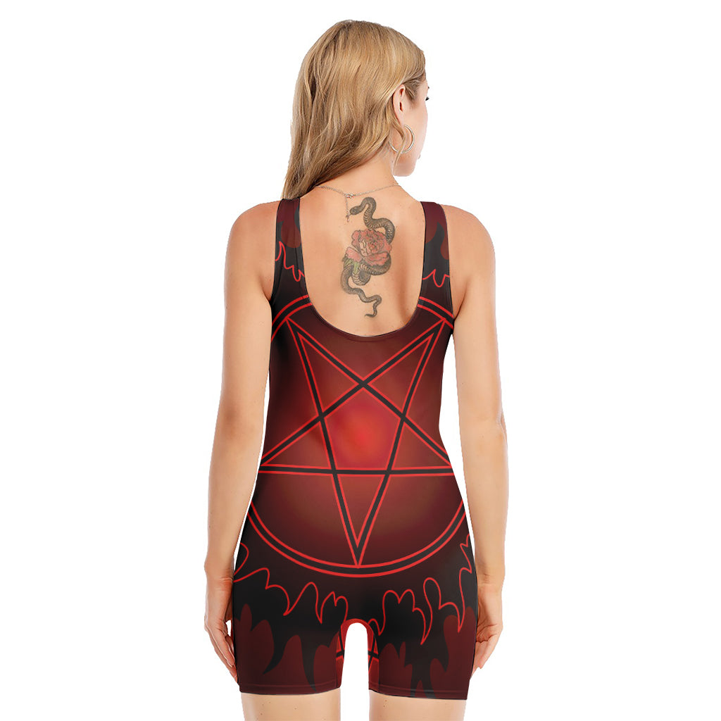 Black And Red Satanic Pentagram Print Sleeveless One Piece Swimsuit