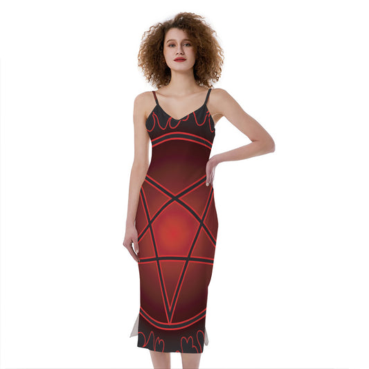 Black And Red Satanic Pentagram Print Slim Fit Midi Cami Dress