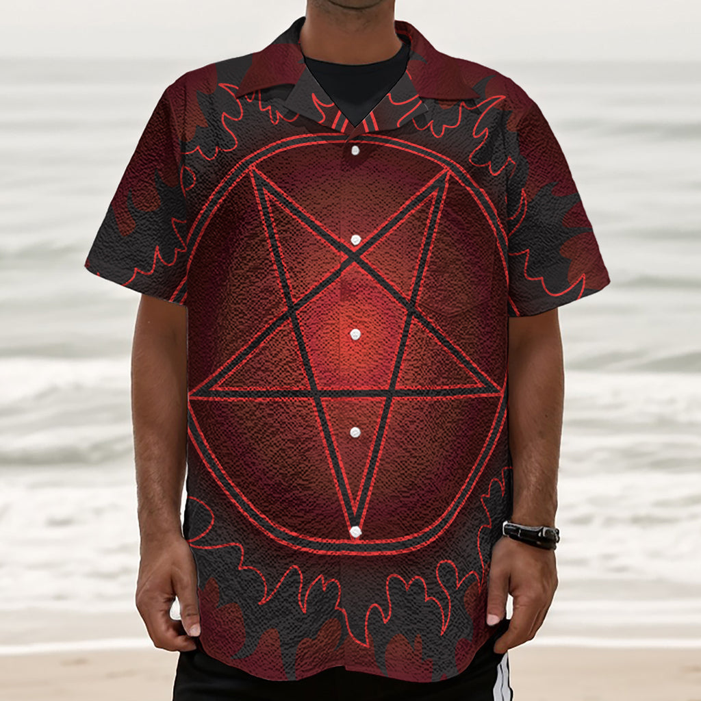 Black And Red Satanic Pentagram Print Textured Short Sleeve Shirt