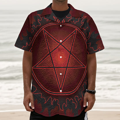 Black And Red Satanic Pentagram Print Textured Short Sleeve Shirt