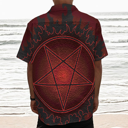 Black And Red Satanic Pentagram Print Textured Short Sleeve Shirt