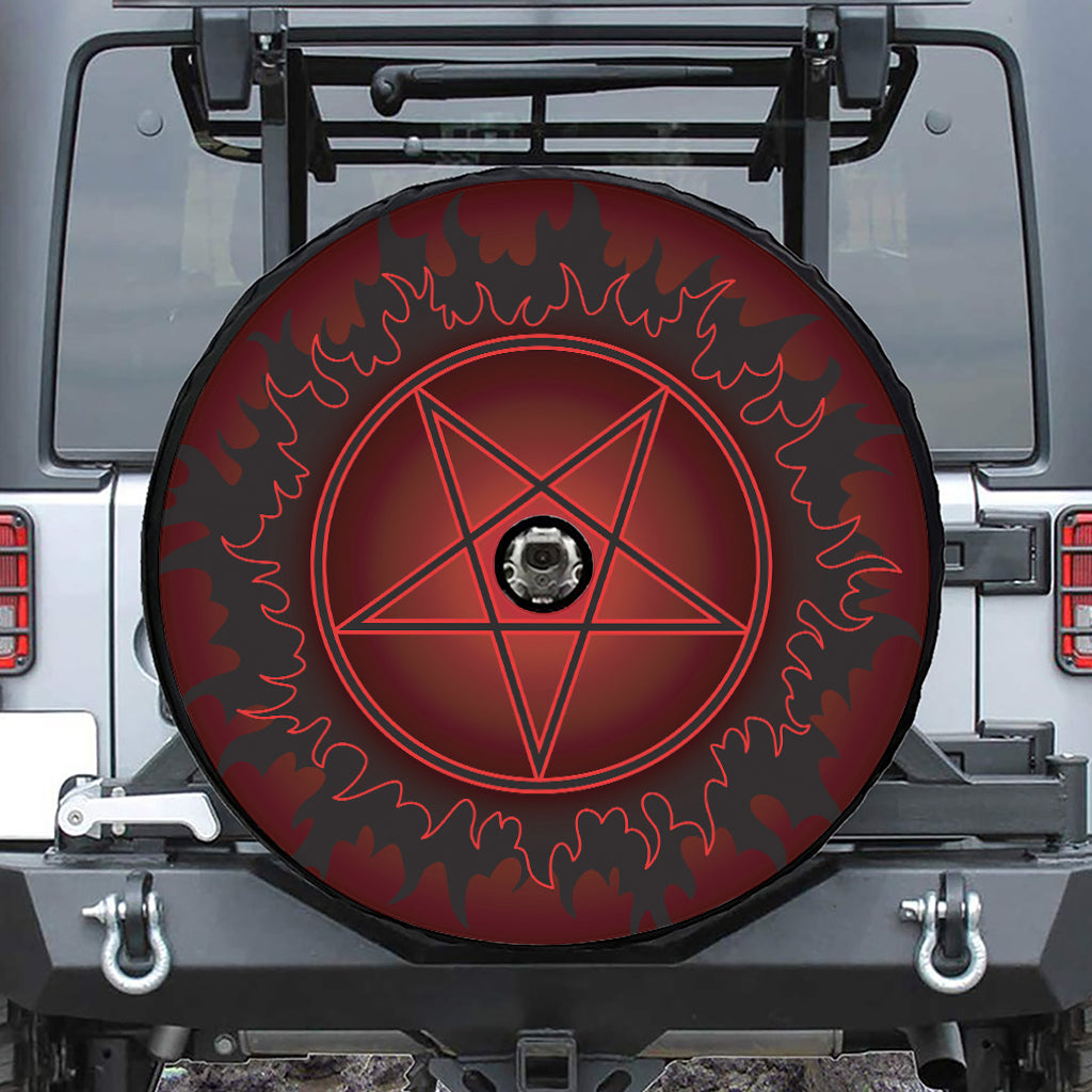 Black And Red Satanic Pentagram Print Tire Cover With Camera Hole