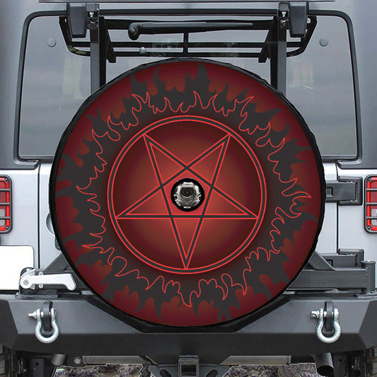 Black And Red Satanic Pentagram Print Tire Cover With Camera Hole