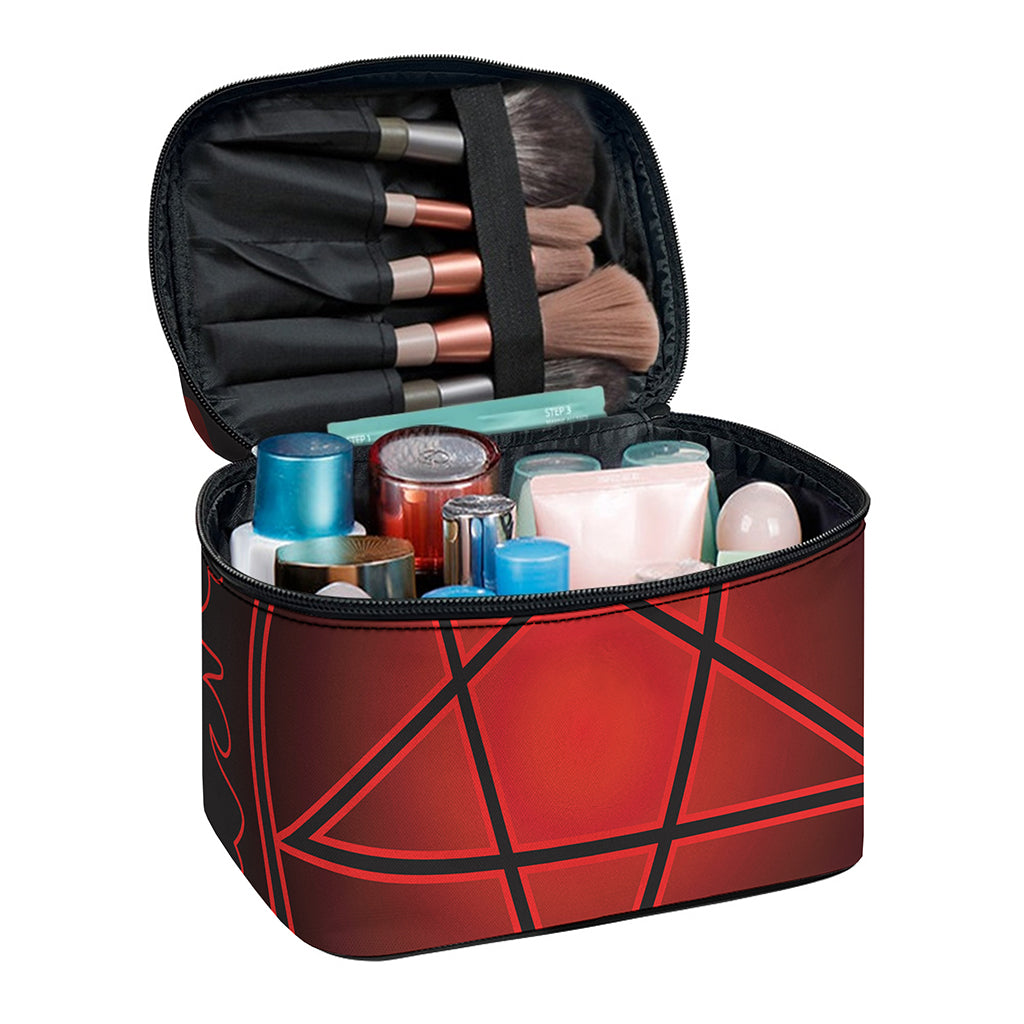 Black And Red Satanic Pentagram Print Travel Makeup Bag