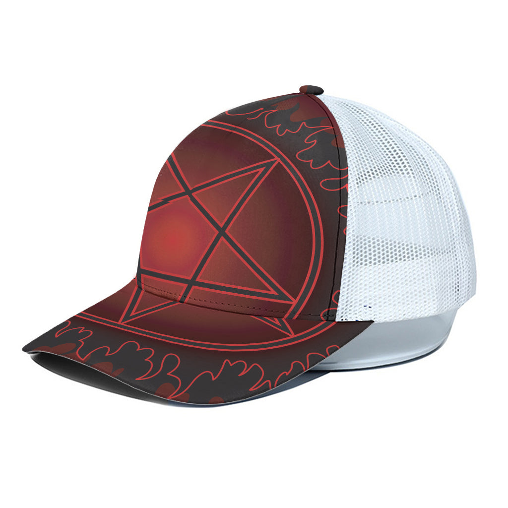 Black And Red Satanic Pentagram Print White Mesh Trucker Cap